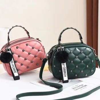 

American Style Simple Solid Color Women Bag Black Rivet Mini Shoulder Bag Street Shoot Trend Messenger Bag Soft Pink Student Bag
