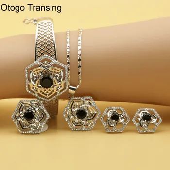 

Otogo Transing 2019 Party Silver Color Jewelry Sets Women Fashion Black Crystal Ring Earrings Necklace Bracelet Flower SET214
