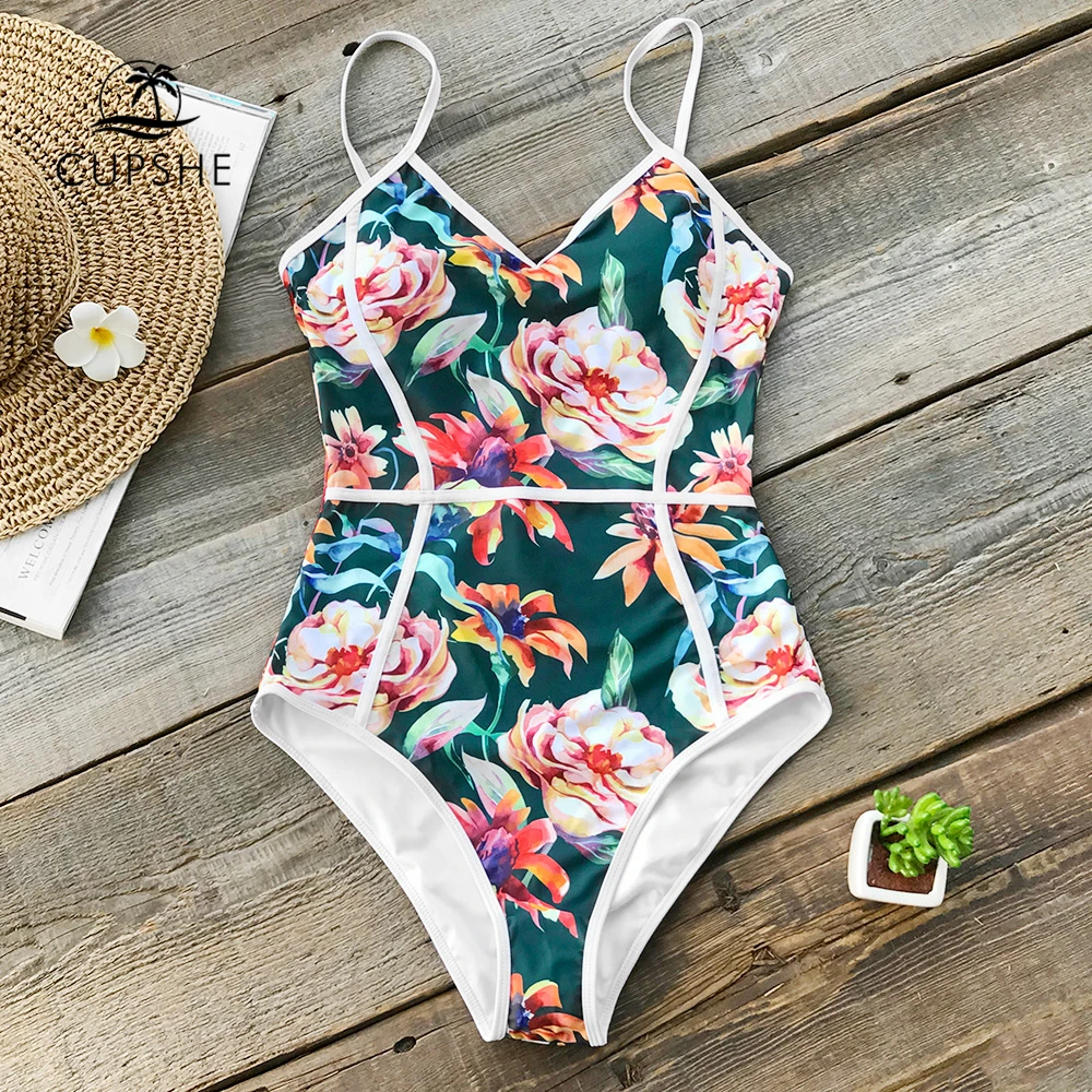 Billige CUPSHE Tropical Floral Print V ausschnitt einteiliges Badeanzug Frauen Piping Monokini Badeanzug 2020 Mädchen Sexy Bademode