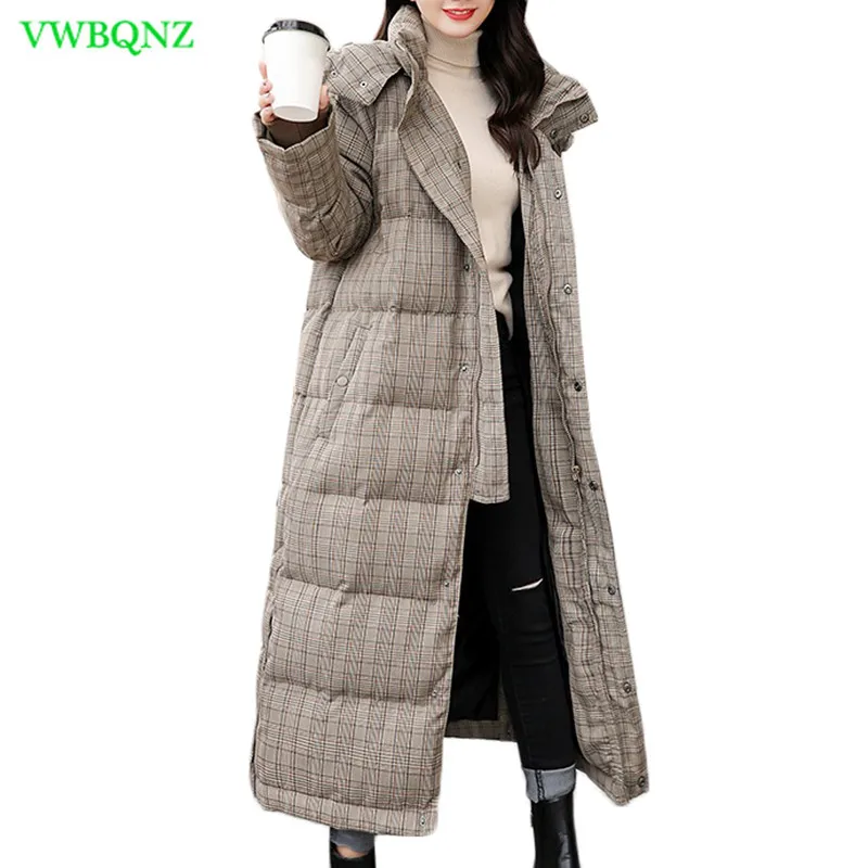 

Long Women Winter Plaid Cotton Coat 2019 New Fashion Down cotton Jacket Thick Warm Hooded Wadded Coat Loose Female Outwear A867
