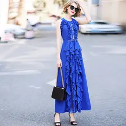 Элегантный синий лоскутное цветочный Кружево Макси платье Для женщин 2018 Весна Высокое качество рукавов оборками ремень вечернее длинное