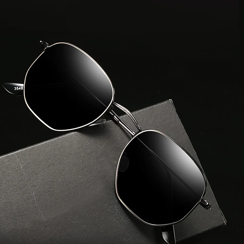 Hexagon Sunglasses Polarized Men Classic Brand Flat Lens Clear Sun