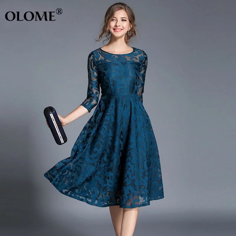 

Autumn Winter Women Dress Lace Party Dresses Seven-Point Sleeves Women's 2019 Spring Slim Thin Long Taste Elegant Party Dress