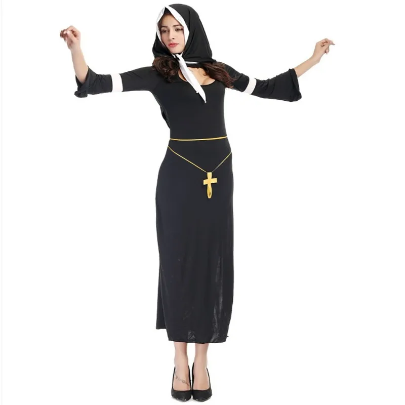 Для взрослых Хэллоуин карнавальные костюмы Девы Марии костюм Косплэй сексуальные католической монахини Халаты Костюмы платок крест костюм