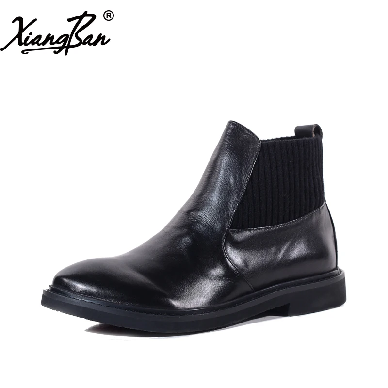 

Xiangban 2019 autumn winter women leather shoes round head female ankle boots black comfortable Chelsea boots low heel
