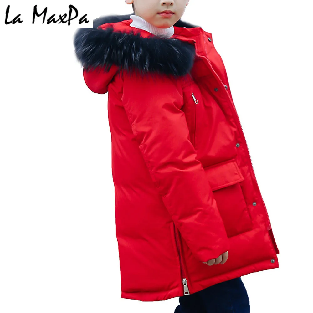 

-30c Boys Winter Jacket Coat 2018 Fur Hooded Down Jackets for Kids Boy 6 8 10 12 14 Years Thicken Warmly Winter Children Clothes