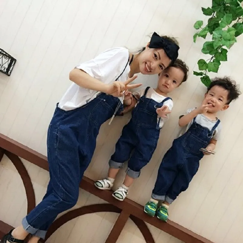 Mother and Daughter Clothes Family Clothing Mom Son Outfits Harem Pants Capri Denim Overallls Jeans Jumpsuit Brother Sister Set