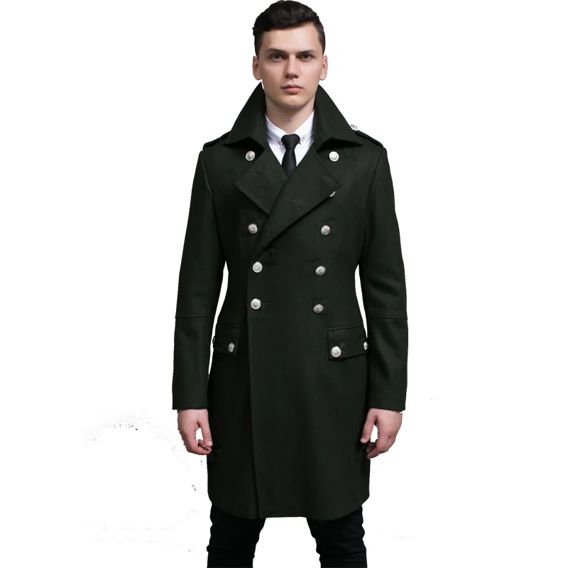 New Brand Men's Wool Trench Coat Men Double Breasted Retro