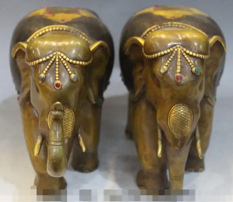 

S3230 China Purple Bronze Inlay Gem Auspicious Elephant Heffalump Animal Statue Pair