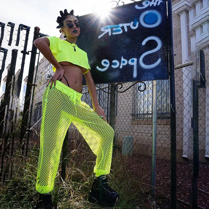 

Women Sexy Jogger Pants Mesh Sheer See Through Transparent Hollow Out Fish Net Trousers Female High Waist Summer Beach Holiday