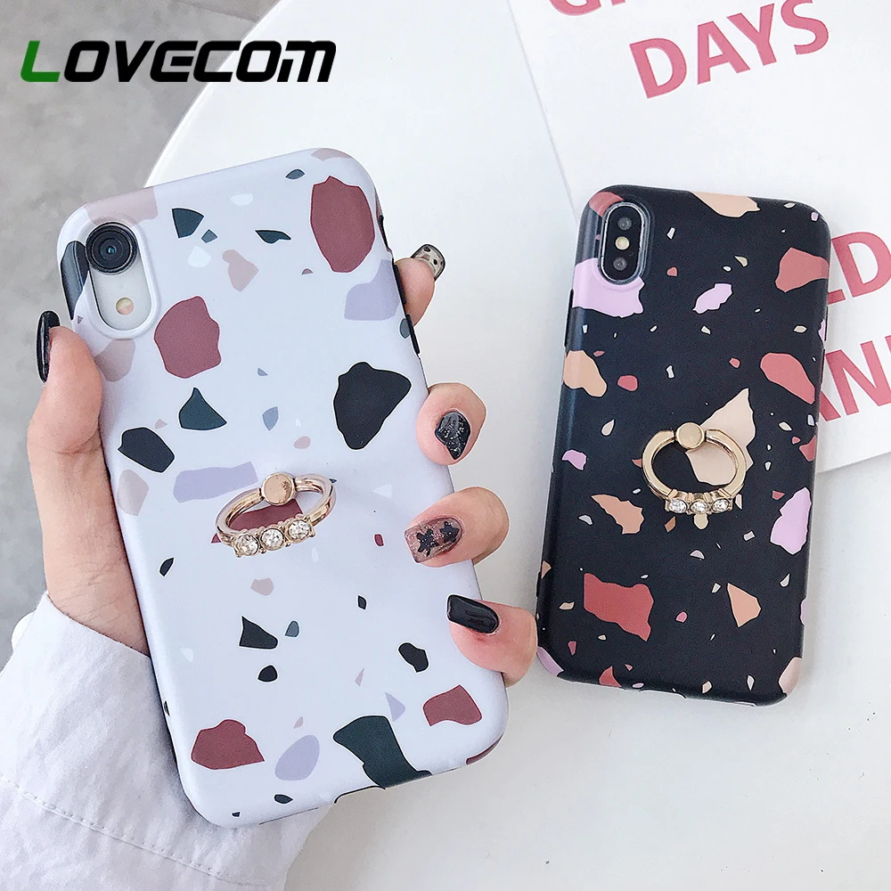 

LOVECOM Phone Cases For iPhone XR XS Max 6 6S 7 8 Plus X Matte Soft IMD Geometric Scrap Pattern Back Cover Case With Finger Ring