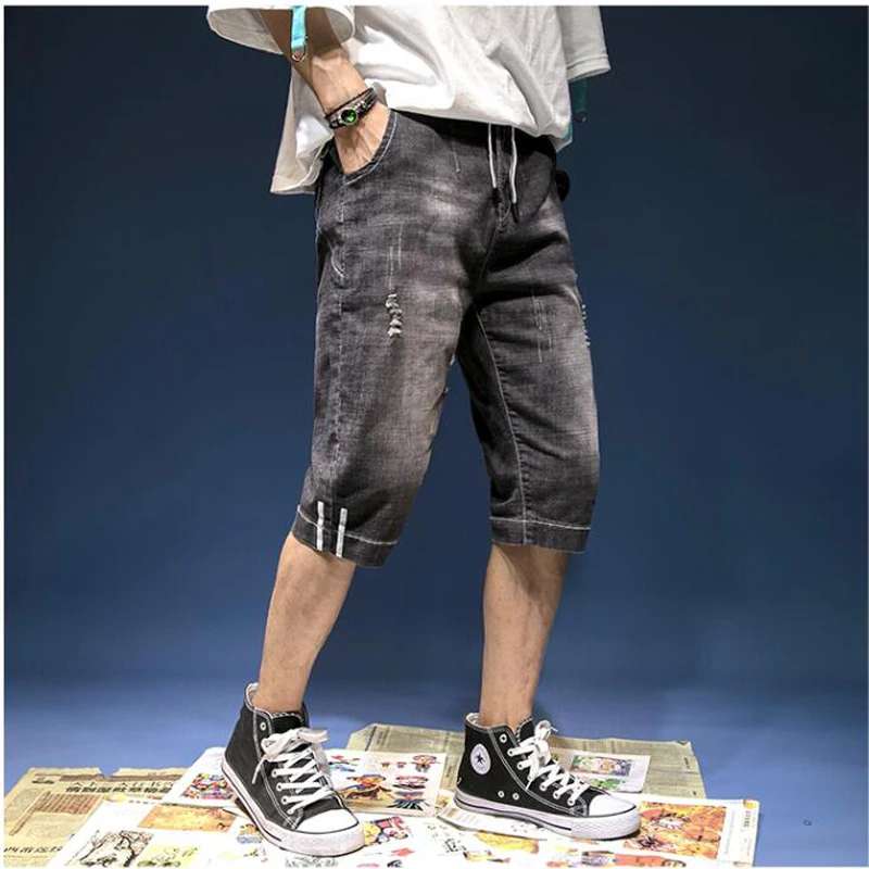 

Babbytoro Shorts Men 2019 Denim Summer Ripped Hole Capris Or Knee Length Black Blue Grey Plus Size 40 38 36 28 Bermuda For Man
