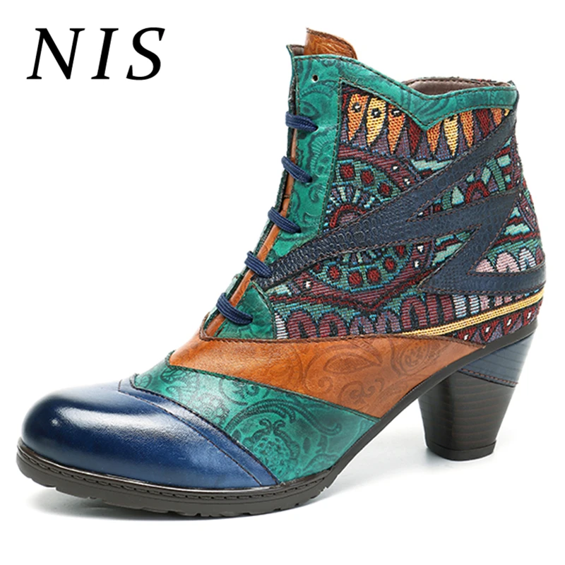 

NIS Bohemian Ankle Winter Boots Women Shoes Vintage Genuine Leather Shoes Woman Zipper/Lace up Block High Heels Booties Botas