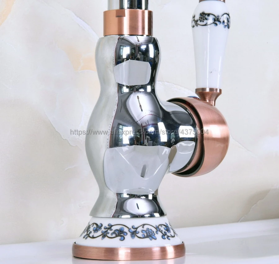 Bathroom Sink Faucet Polished Chrome And Red Copper 360 Rotable Basin Faucet Water Tap Single Handle Cold and Hot Water Nnf908