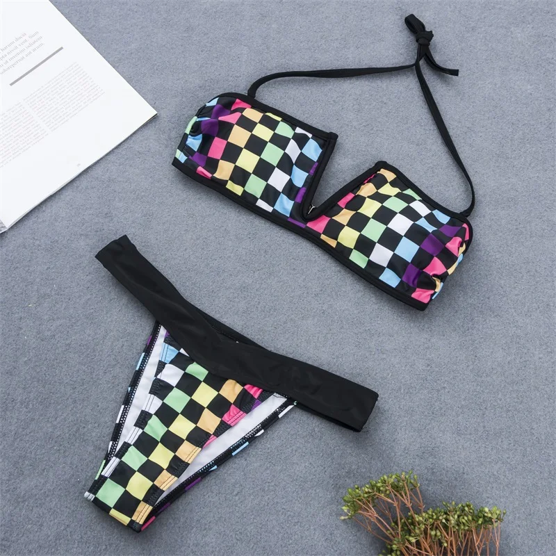 2019 multicolored diamond bandeau Deep-V chest Top Strap Bikini set Women Swimsuit Swimwear Brazilian bikinis mujer Bathing Suit