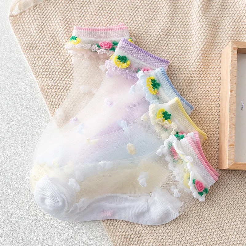 Детские кружевные носки с кристаллами для девочек; ультратонкие дышащие прозрачные носки принцессы с фруктовым принтом для маленьких девочек; сезон весна-лето