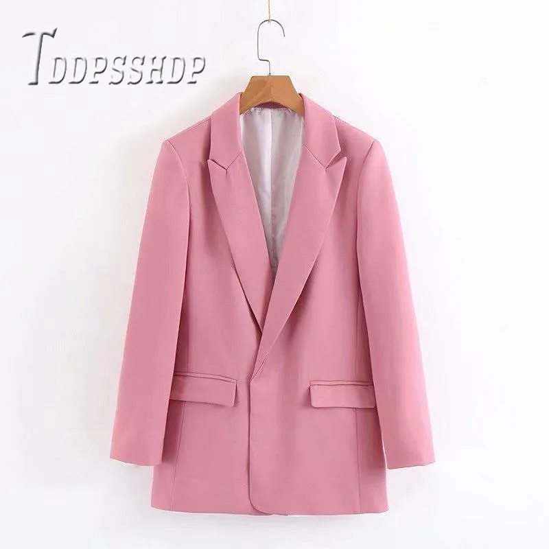 

2019 Candy Pink Color Women Coat Lapel Pocket Long Sleeve Female Jacket