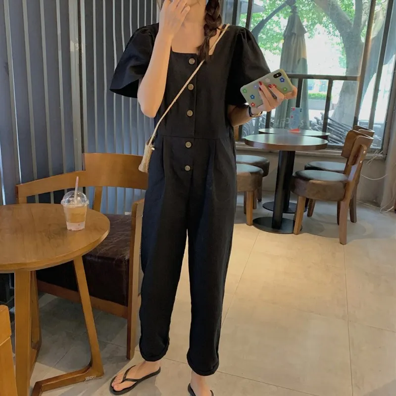 

Summer Loose Short Sleeve Front Buttons Rompers Solid Women Casual Cotton Linen Jumpsuit Square Collar Wide Leg Pant Jumpsuits