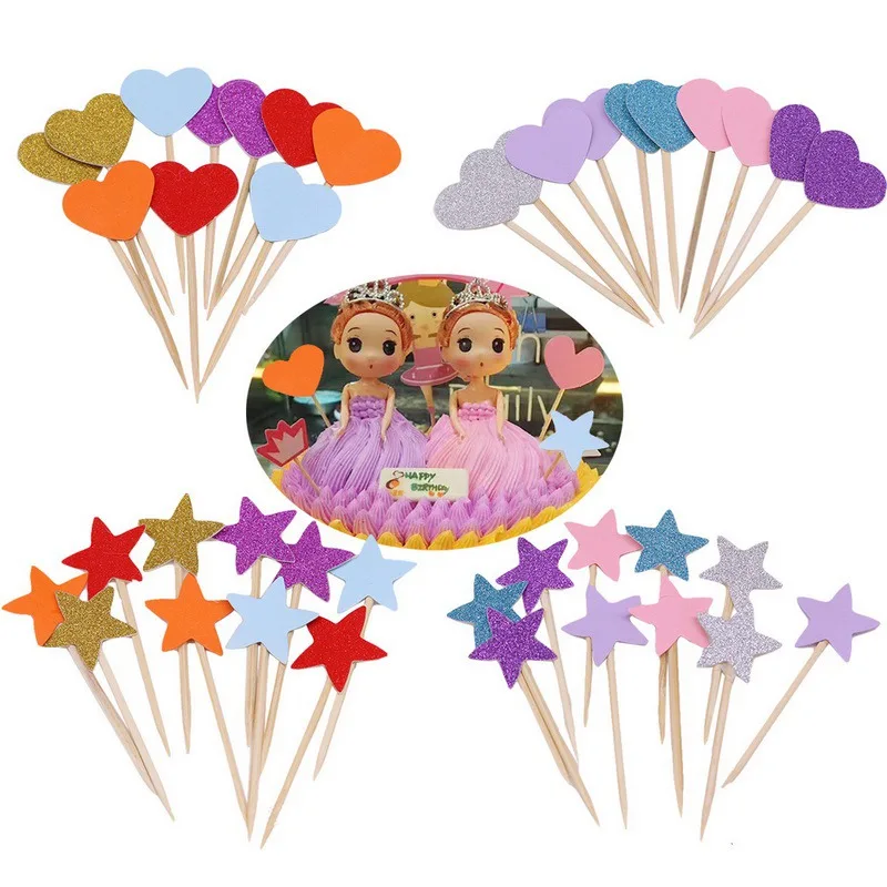 

Hoomall 10 Pcs Mixed Color Paper 2..8x1.2inch Cake Decoration Card Sparkling Bright Star Sparkling Heart Flower Flag Embossing