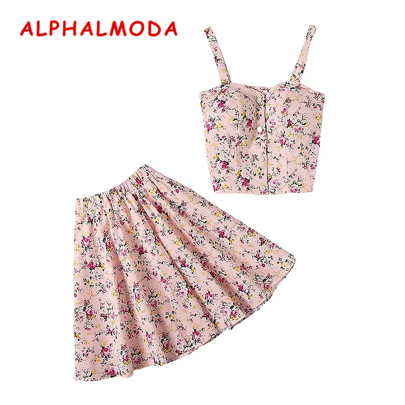 

ALPHALMODA New Arrived Single Breasted Floral Tank Top + Mini Skirt Women 2pcs Summer Sets Stretchy Crop Top Boho Skirt Suits