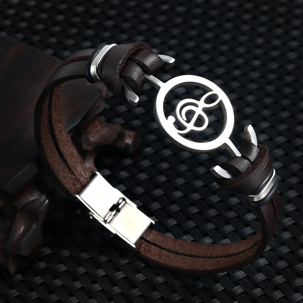 

Musical Bracelet 2019 new fashion Design stainless steel Genuine Leather Bracelets For Women Men Charm Jewelry Bangle pulseira