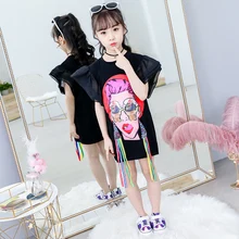 Г. летние платья для девочек детское платье-футболка с расклешенными рукавами модная одежда с принтом красных губ для девочек От 5 до 11 лет