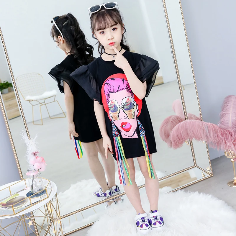 

2019 Summer Girls Dresses Children Flare Sleeve T-shirt Dress Girls Fashion Cartoon Red Lips Beauty Print Clothes 5-11 Years Old