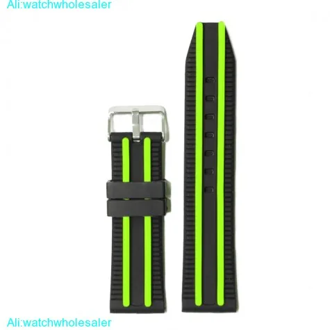 24mm Black With Green Silicone Unisex Watch Band Straps WB1049C24JB