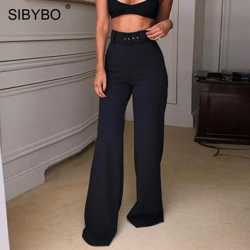 SIBYBO/повседневные женские брюки с высокой талией и широкими штанинами; Модные свободные осенние женские брюки с поясом; однотонные прямые осенние женские брюки - Цвет: Черный