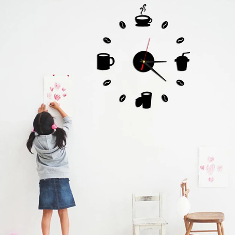 kopi piala kitchen wall art jam dinding cermin jam desain modern 3d