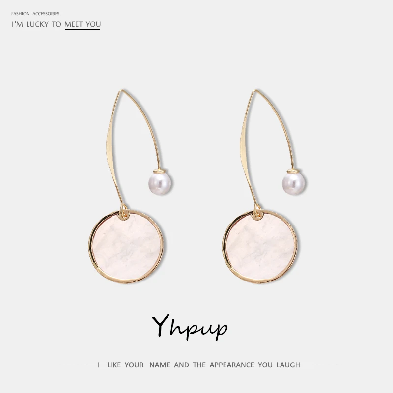 

Yhpup Fashion Minimalist Natural Shell Geometric Dangle Earrings Long Copper Pins Imitation Pearls Jewelry for Women Gift 2019