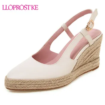 

Lloprost ke Fashion Big Size Black White Office Ladies Shoes with Heels Knitting Weave Wedges Slingbacks Women Pumps Summer H410