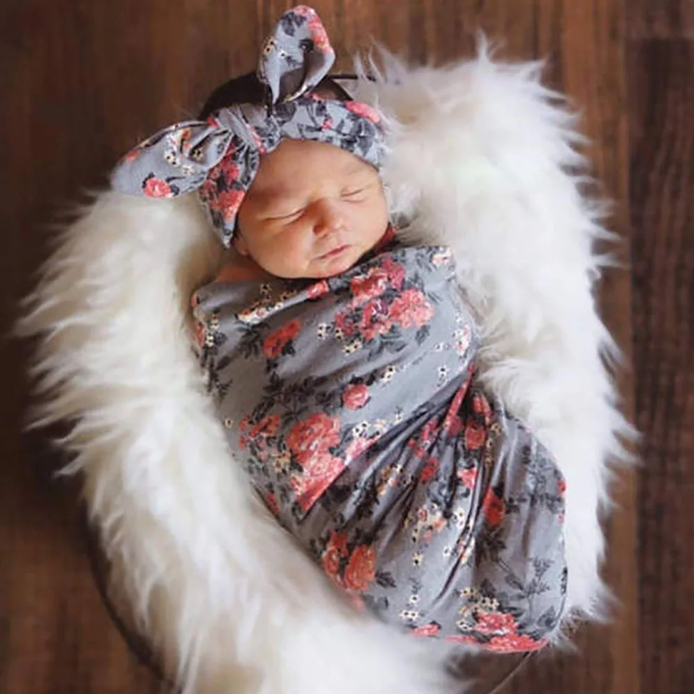Newborn Lovely Floral Print Gray Infant Baby Swaddling Baby Sleeping