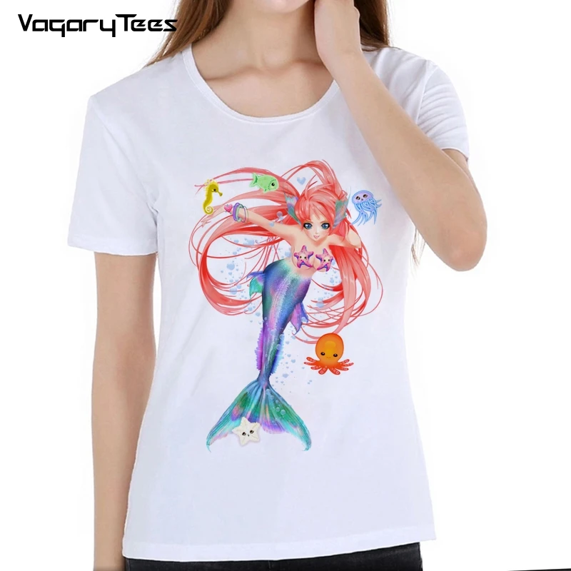 

Beautiful Little Mermaid Princess Cartoon Printed T-Shirt Harajuku Women Casual Short Sleeve Tee Tops Summer Tee Shirts