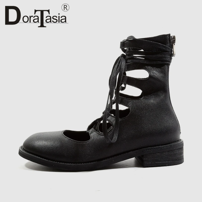 

DoraTasia 2019 Spring New Big Size 33-43 Women Ankle Wrap Flats Genuine Leather Rome Style Black Low Heels Shoes Woman