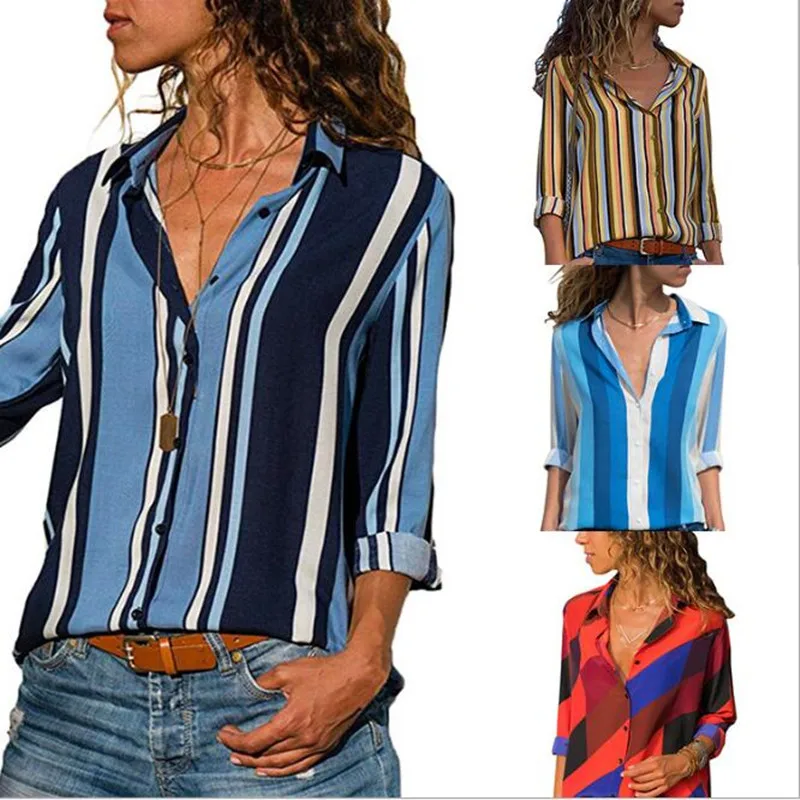 

Women Striped Blouses Long Sleeve Chiffon Blouse Turn Down Collar Lady Office Shirt Casual Tops Blusas Blouse et Chemisier Femme