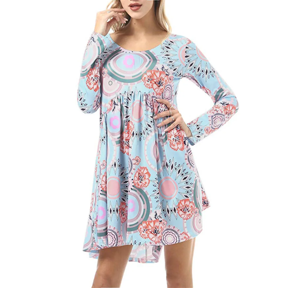 

Autumn Winter Dress Women Casual Boho Floral Print O-Neck Long Sleeve Mini Dress Holiday Beach Shirt Dress Fashion Vestidos