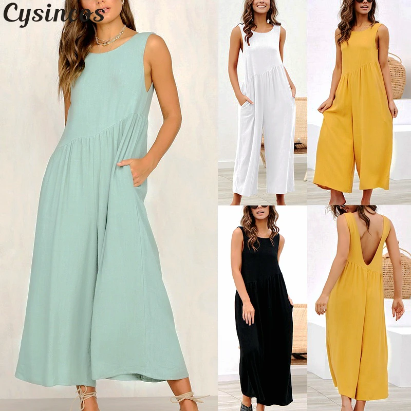 

Cysincos 2019 Summer Sexy Women's Boho Fashion O-Neck Wide Leg Jumpsuit Female Casual Bodysuit Solid Sleeveless Backless Rompers