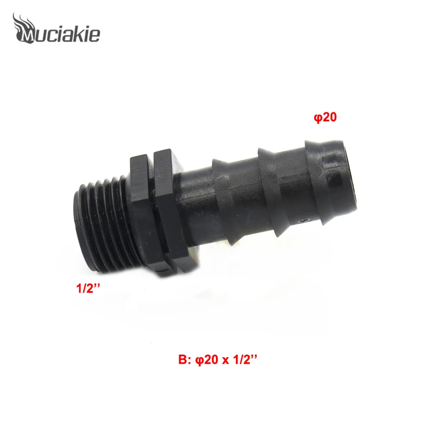 MUCIAKIE 1 шт. 1/2 ''(3/4'') наружная резьба до 16 мм(20 мм, 25 мм) PE трубы проходной Разъем Садовый полив фитинг для орошения - Цвет: B x AB018C