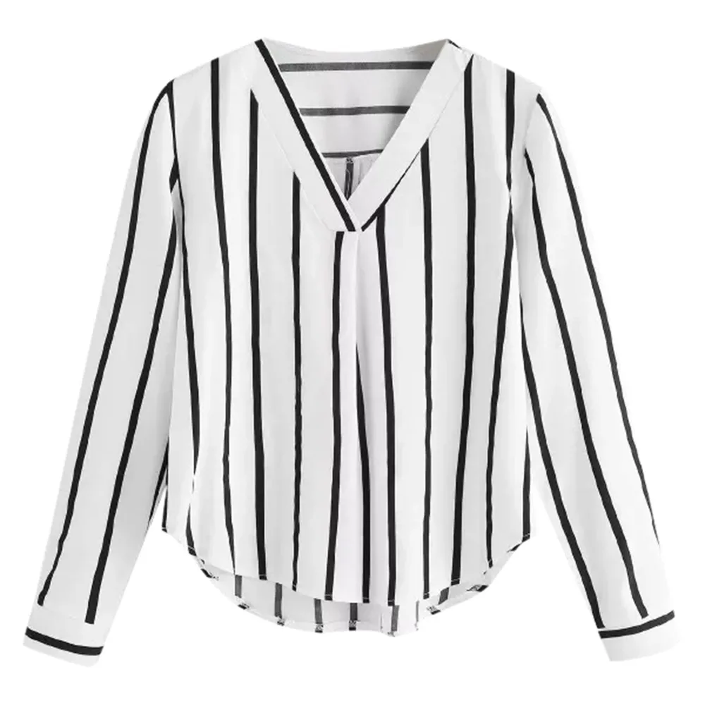 

Blouse For Women Casual Autumn Long Sleeve With Pockets V Neck Shirt Irregular Stripe Blouse Chemise Femme Manche Longue #N