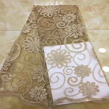 

Gold sky blue White Flower Latest High Quality African Tulle Lace Fabric 2018 Sequins Tulle French Embroidered Mesh Lace Fabric