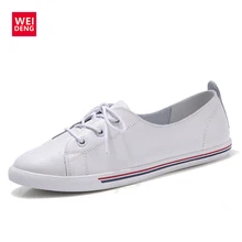 WeiDeng Genuine Leather Women Flats White Soft Soled Pointed Toy Preppy Style Lace Up Vulanizeed Shoes Flat Embosses Shoes