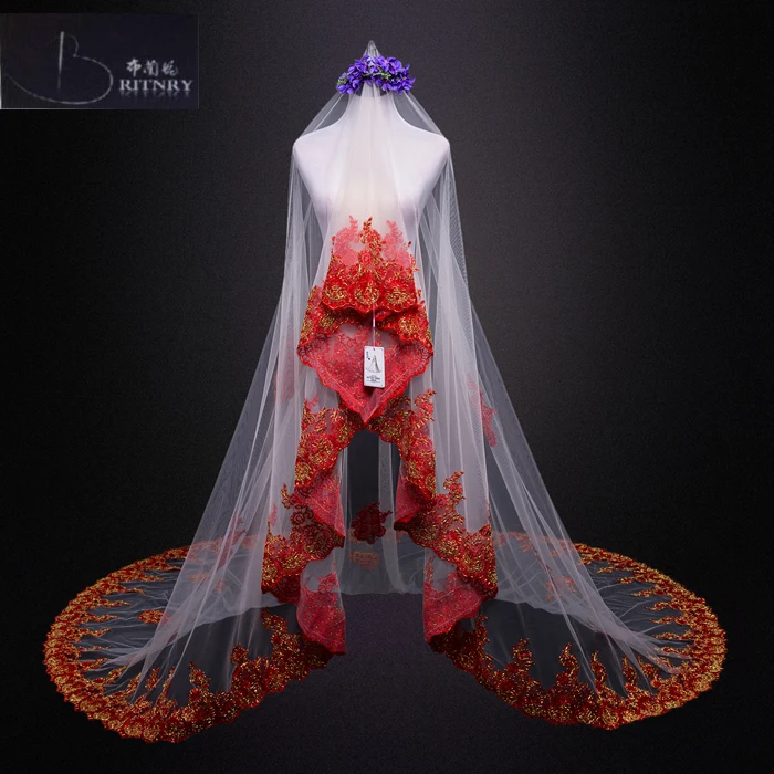

BRITNRY In Stock Red Lace Edge Cathedral Length Bridal Veil Long Wedding Veil Chic Cheap Appliques Veil