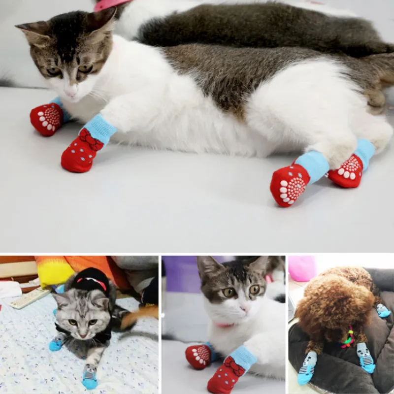 4 шт./компл. Pet Cat носки Щенок зоотоваров вязать Водонепроницаемый Нескользящие
