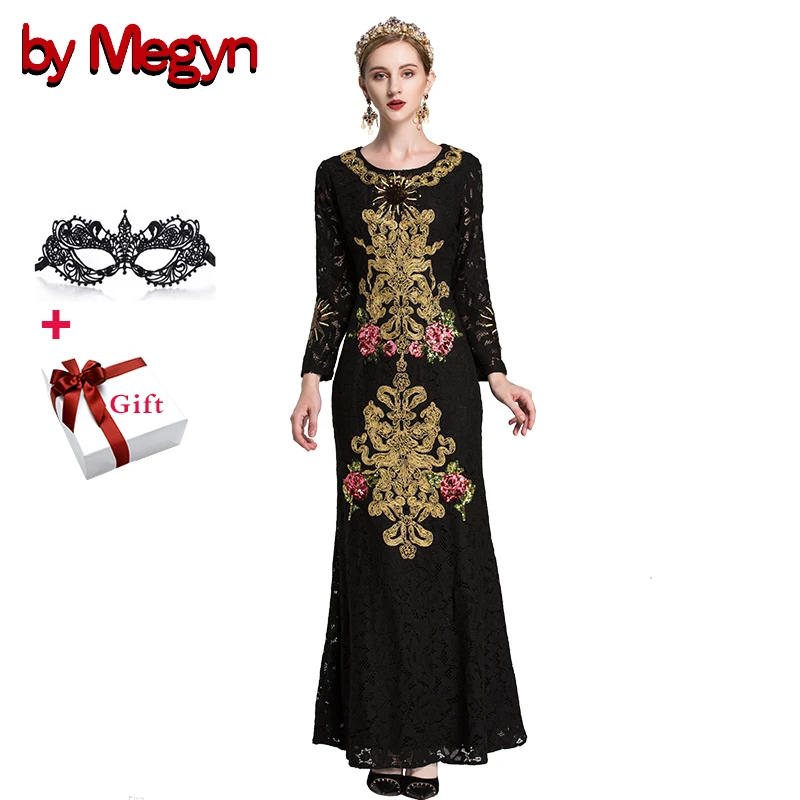 Door Megyn black lace maxi jurk vrouwen met lange mouwen sequin bloemen geborduurde elegante retro jurk vrouw avond party jurken