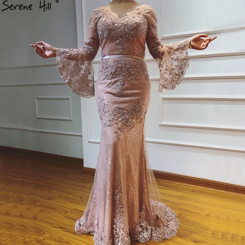 Розовое Кружевное бриллиантовое вечернее платье с длинным рукавом, длинное сексуальное вечернее платье с v-образным вырезом для женщин Serene hilm LA60710