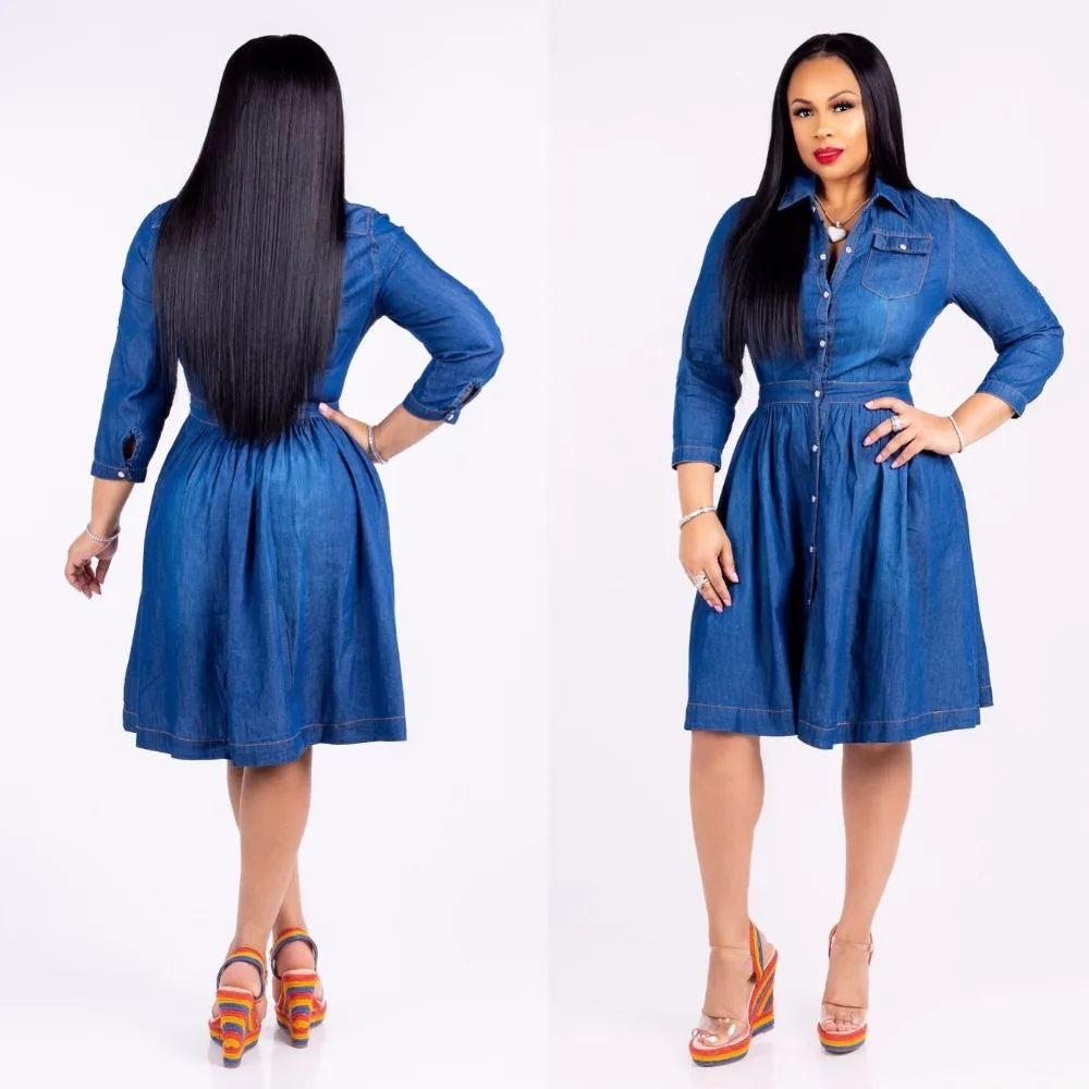 2018 Women Denim Dresses Ladies Thin Turn Down Collar Party Dresses Elegant Loose Jeans Dress Plus Size XXXL