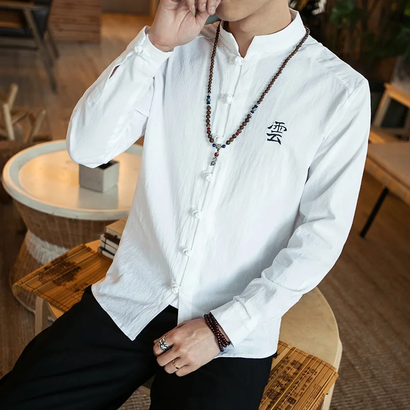Лен Для мужчин Рубашки для мальчиков Вышивка облако китайский Стиль льняная рубашка для мужчин Костюмы хлопок белье длинная рубашка тонкий пряжки Размеры M-5XL - Цвет: white