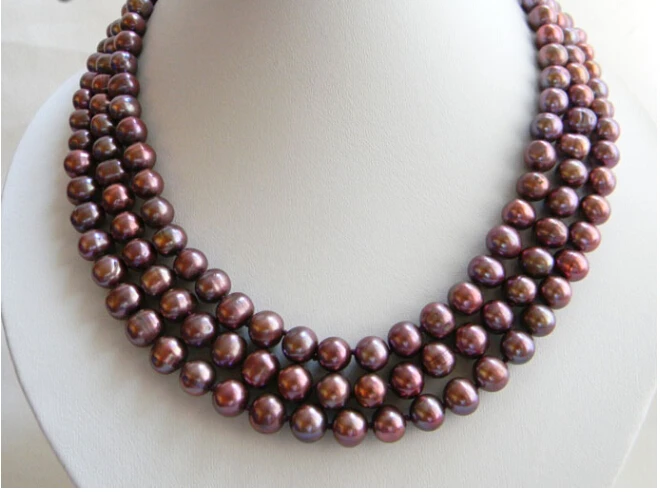 

popular 3Strands 9MM Purple Round Freshwater Pearl SEA MABE Clasp Necklace 17" (A0325)