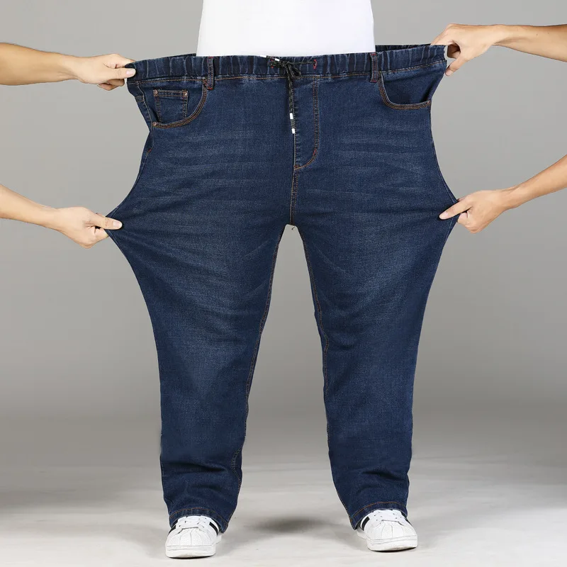 

Spring New Large Size Men's Jeans High Elastic Loose Fit Denim Trousers Tether Elastic Waist Middle-aged Fashion Pants